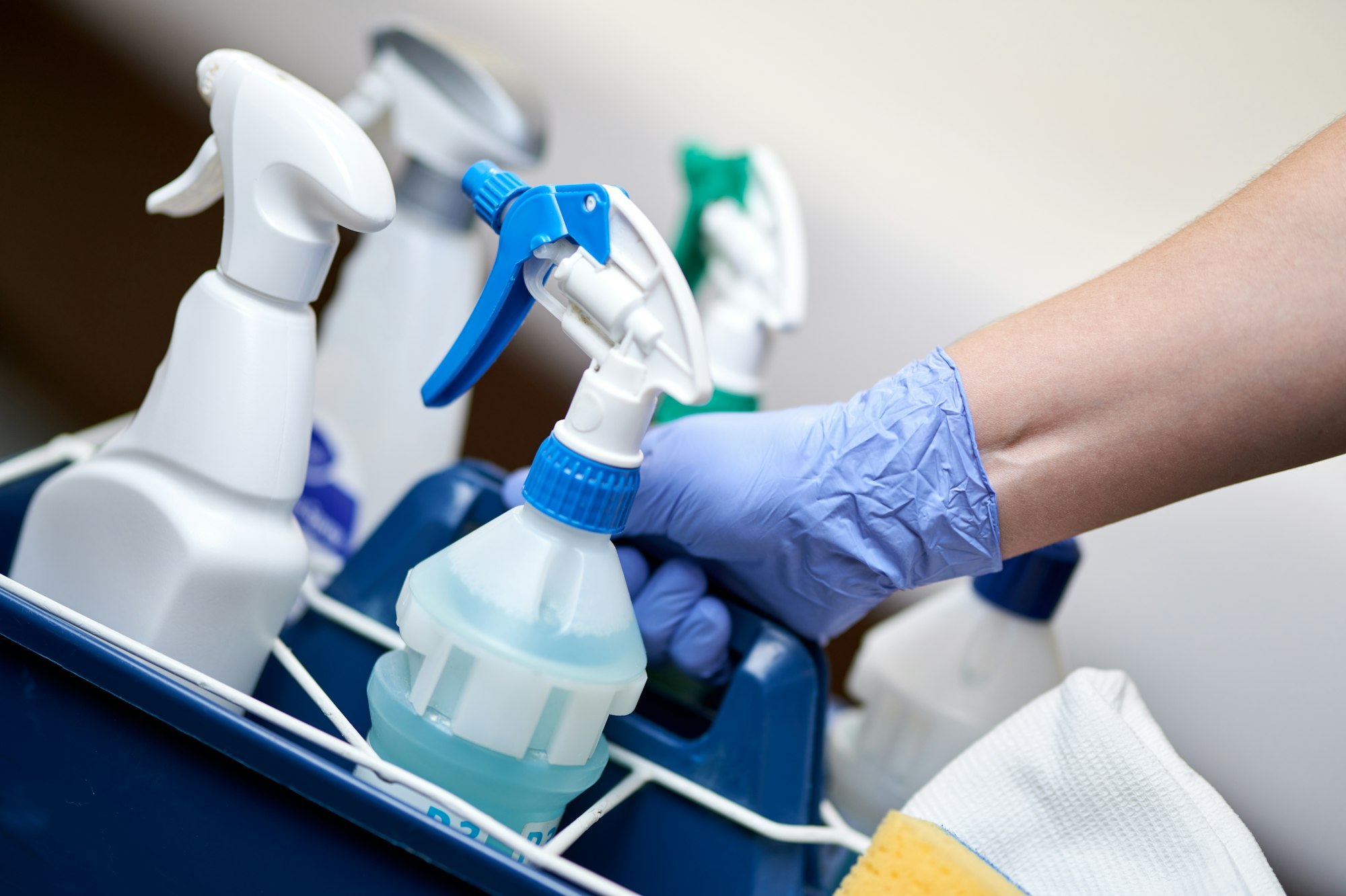 Set of cleaning supplies for hotel room cleaning